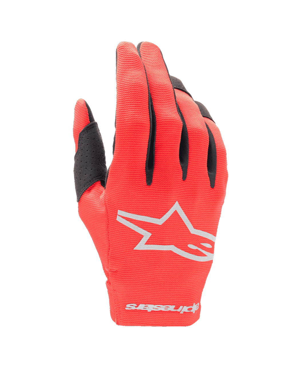 Alpinestars Guanti Youth 2024 Radar, guanti da motocross, rosso Mars e argento, vista del dorso con logo a stella bianco e scritta sul polsino, tessuto elasticizzato leggero con dettagli neri sulle dita, equipaggiamento resistente da gara off-road per ragazzi