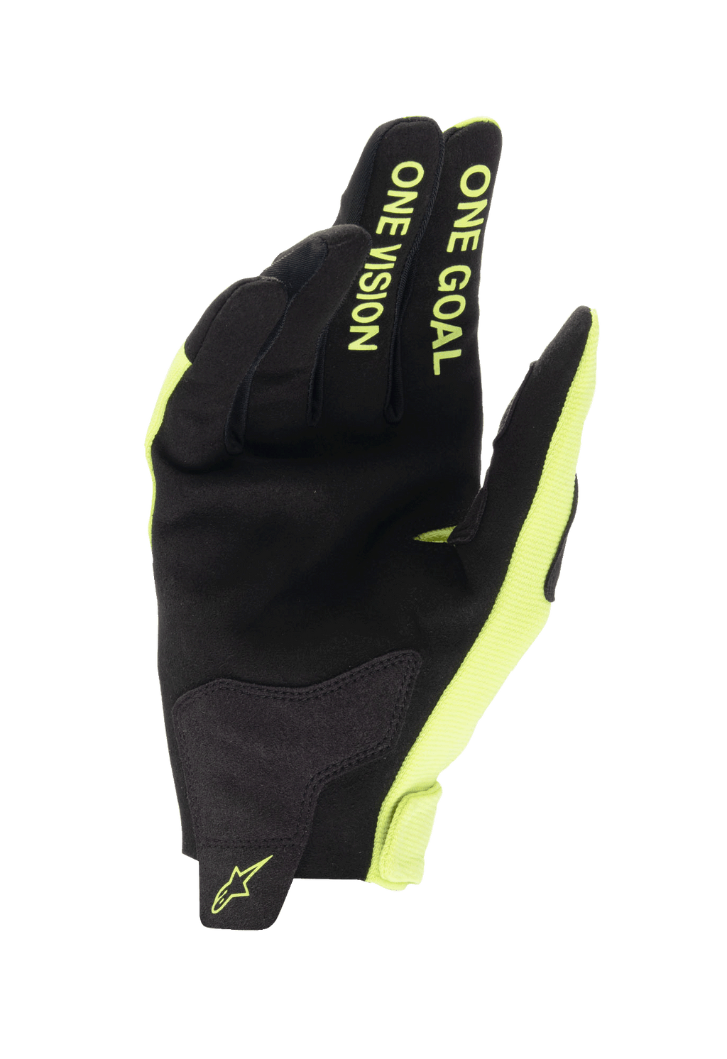 Guanti Alpinestars Youth Radar 2024, guanti da motocross, nero e giallo fluo, vista del palmo con costruzione in camoscio sintetico, scritta "ONE GOAL ONE VISION" sulle dita in giallo fluorescente, design resistente per corse off-road