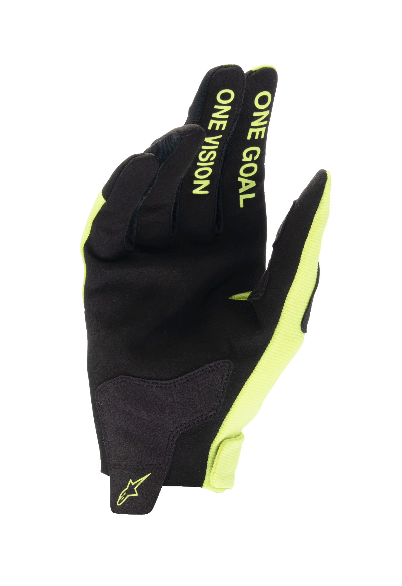 Guanti Alpinestars Youth Radar 2024, guanti da motocross, nero e giallo fluo, vista del palmo con costruzione in camoscio sintetico, scritta "ONE GOAL ONE VISION" sulle dita in giallo fluorescente, design resistente per corse off-road