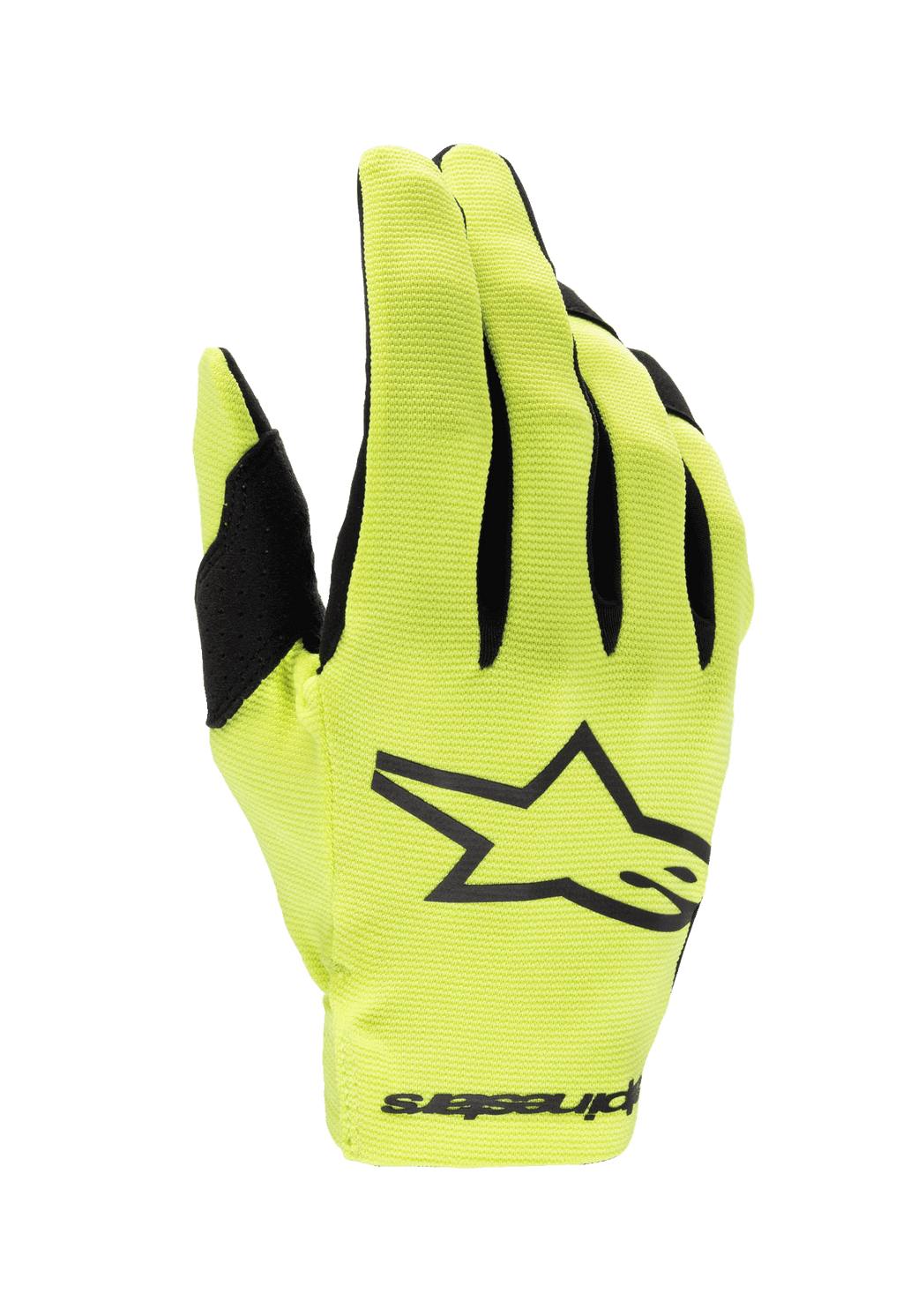 Alpinestars 2024 Youth Radar Gloves, guanti da motocross, giallo fluo e nero, con un grande logo a stella nero sul dorso, tessuto elasticizzato leggero con accenti neri sulle dita, protezione racing per ragazzi ad alte prestazioni