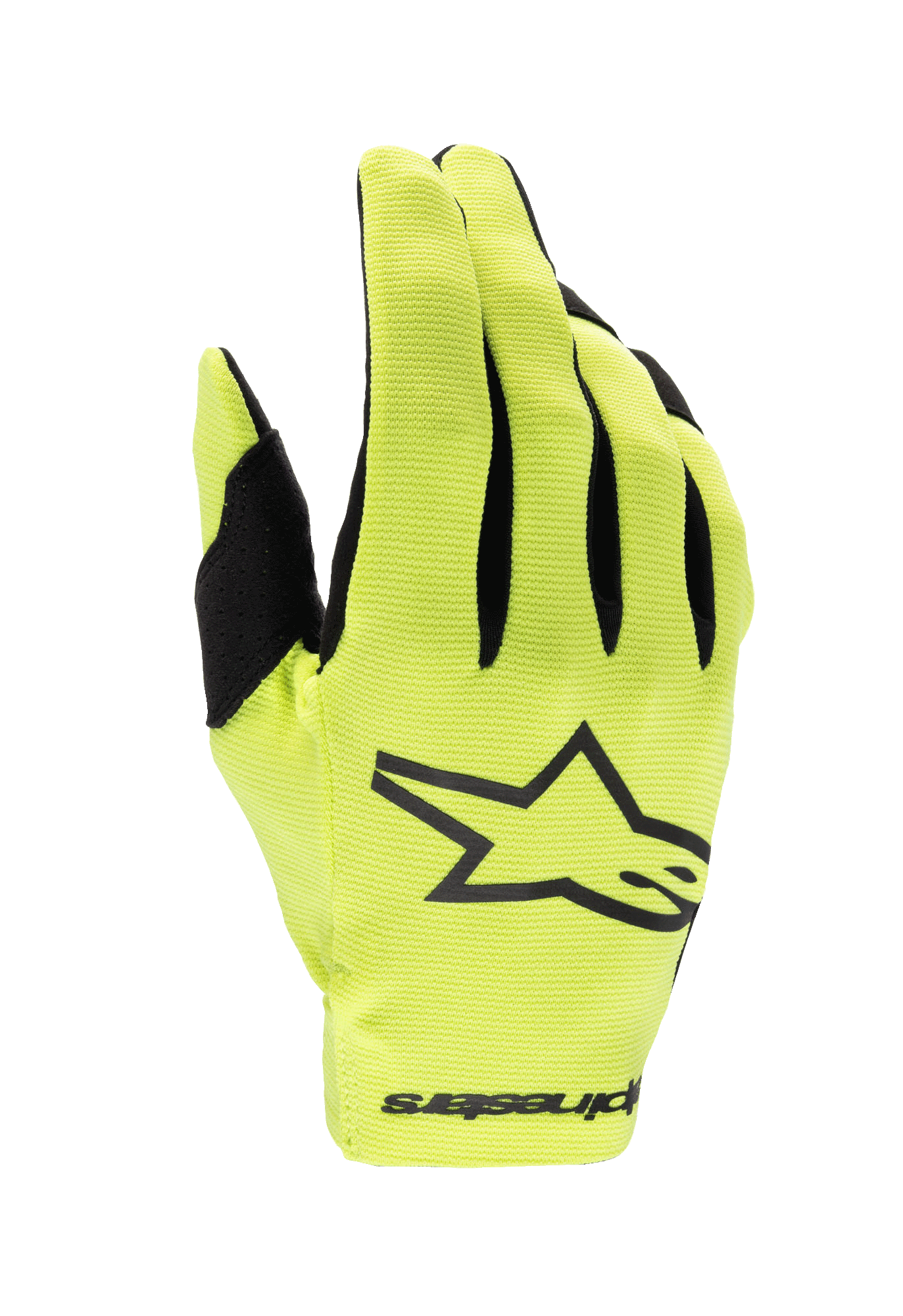 Alpinestars 2024 Youth Radar Gloves, guanti da motocross, giallo fluo e nero, con un grande logo a stella nero sul dorso, tessuto elasticizzato leggero con accenti neri sulle dita, protezione racing per ragazzi ad alte prestazioni