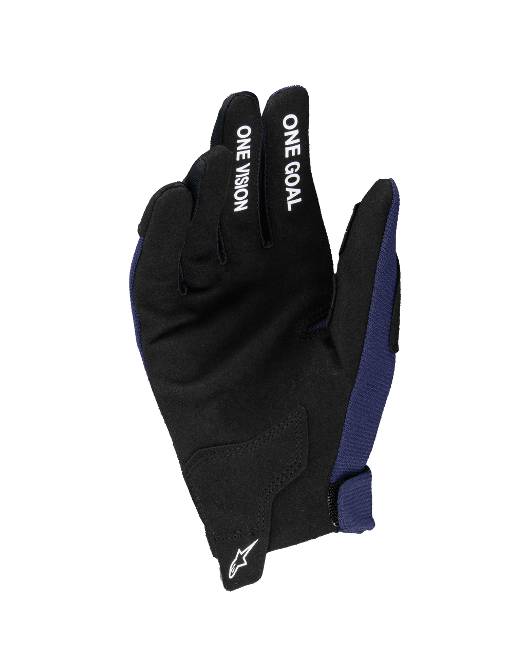 Alpinestars Guanti Radar Ragazzo 2025, guanti da motocross, blu notte e nero, con palmo in pelle scamosciata sintetica, scritte bianche 'ONE GOAL' e 'ONE VISION' sulle dita, logo Astars bianco sul polso, costruzione a strato singolo per guida fuoristrada