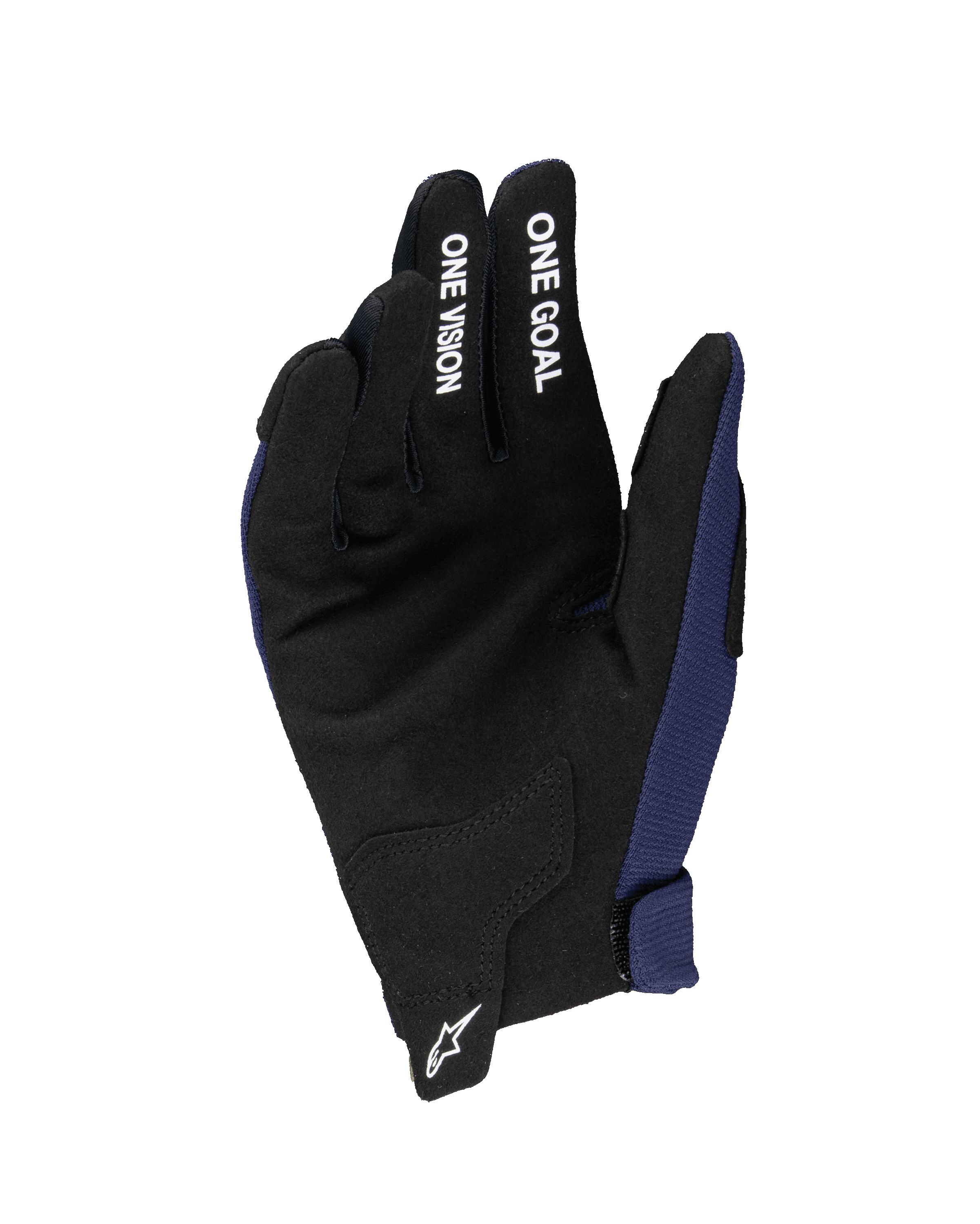 Alpinestars Guanti Radar Ragazzo 2025, guanti da motocross, blu notte e nero, con palmo in pelle scamosciata sintetica, scritte bianche 'ONE GOAL' e 'ONE VISION' sulle dita, logo Astars bianco sul polso, costruzione a strato singolo per guida fuoristrada