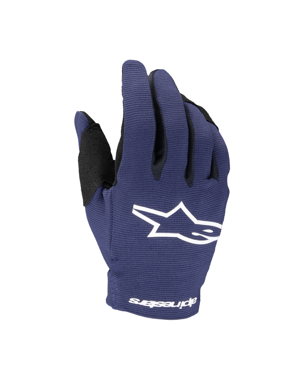 Alpinestars guanti Youth Radar 2025, guanti da motocross, Night Navy e bianco, con logo a stella bianco sul dorso e scritta Alpinestars sul polso, costruzione elasticizzata a strato singolo per corse fuoristrada