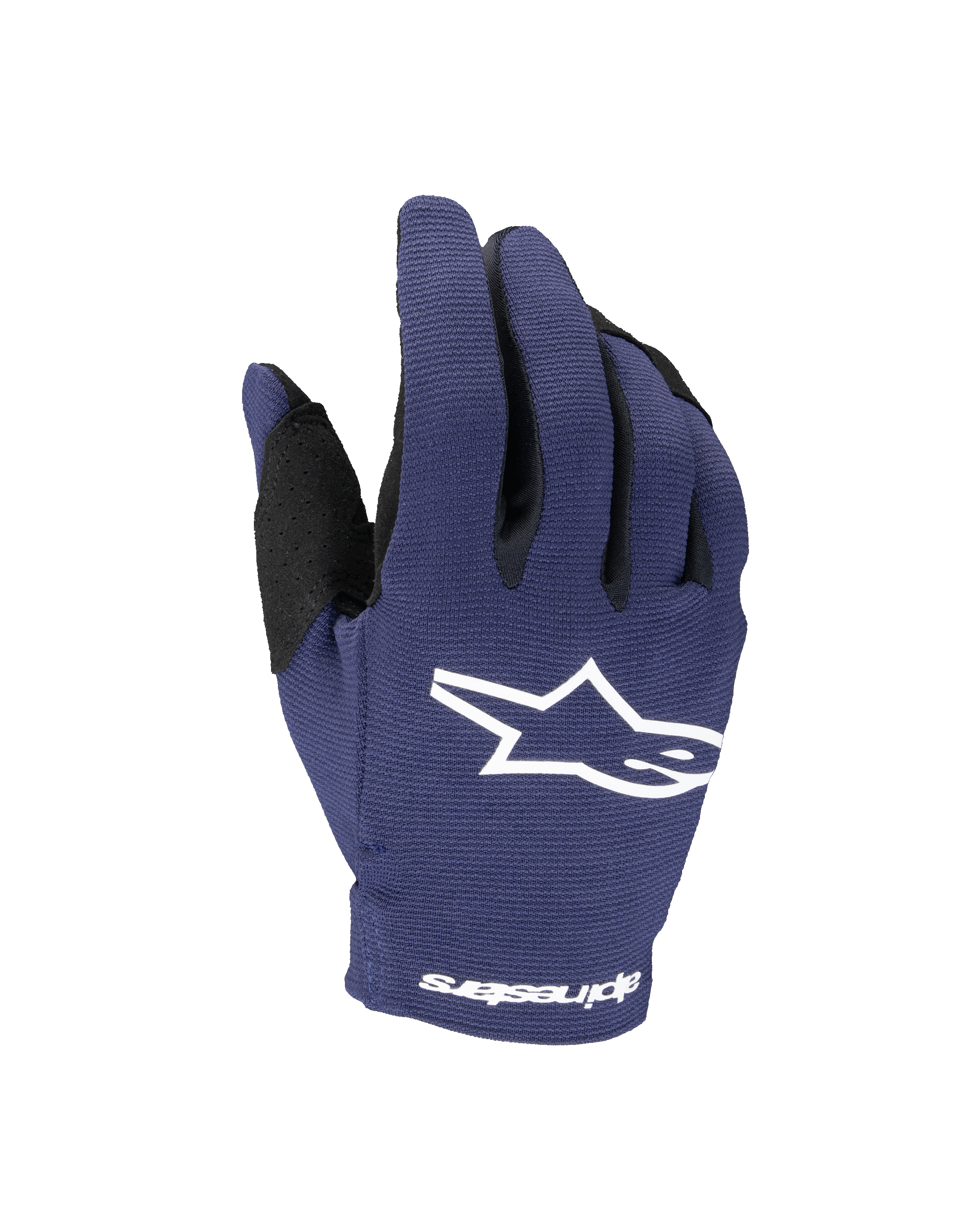 Alpinestars guanti Youth Radar 2025, guanti da motocross, Night Navy e bianco, con logo a stella bianco sul dorso e scritta Alpinestars sul polso, costruzione elasticizzata a strato singolo per corse fuoristrada