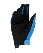 Guanti Alpinestars Youth Radar 2025, guanti da motocross, blu e nero, vista del palmo con struttura in pelle scamosciata sintetica, scritte blu "ONE GOAL" e "ONE VISION" sulle dita e piccolo logo Alpinestars blu sulla chiusura del polso
