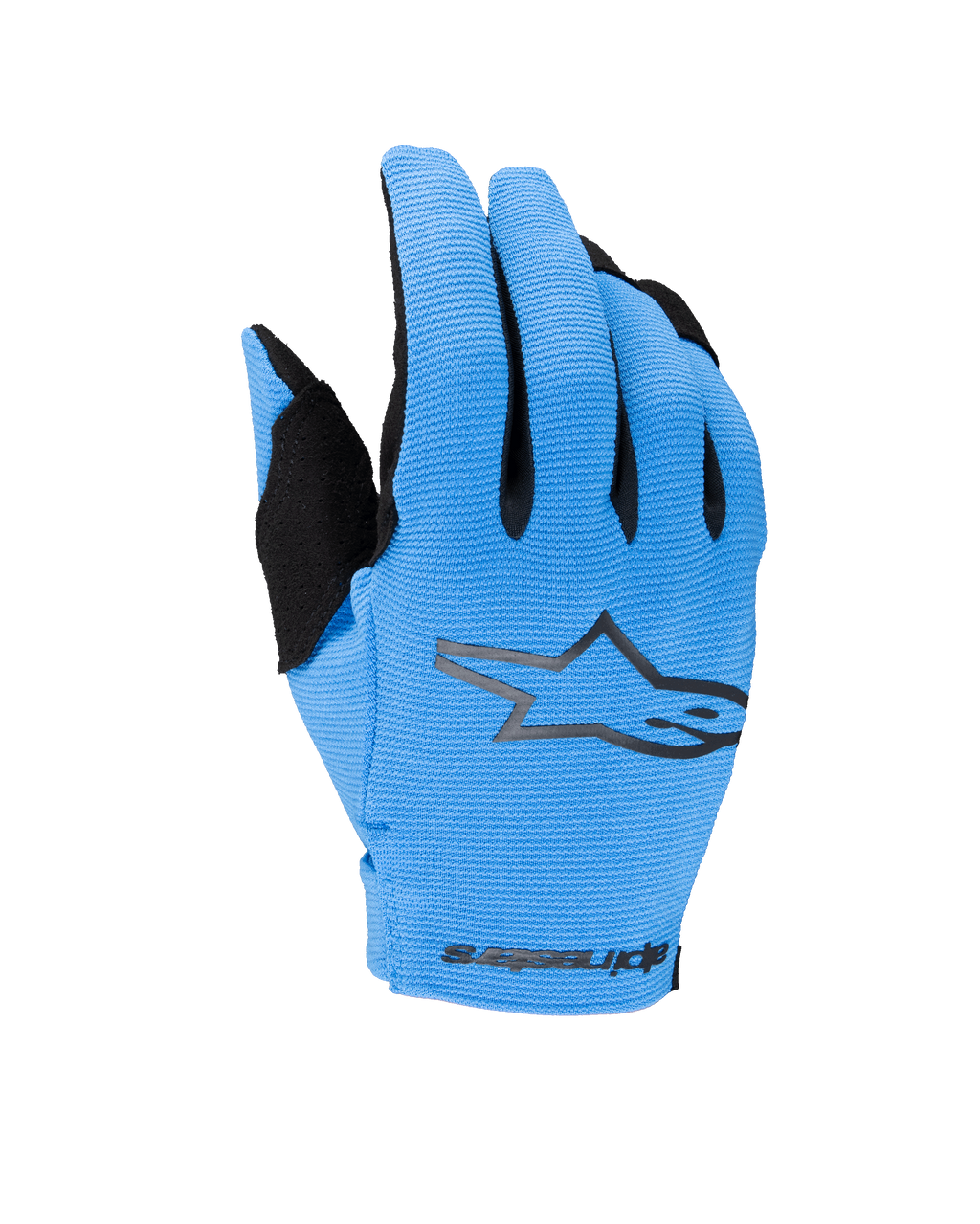 Alpinestars guanti Youth Radar 2025, guanti da motocross fuoristrada, blu e nero, con dorso azzurro testurizzato, logo a stella nero e marchio Alpinestars sul polso, guanti da moto per ragazzi