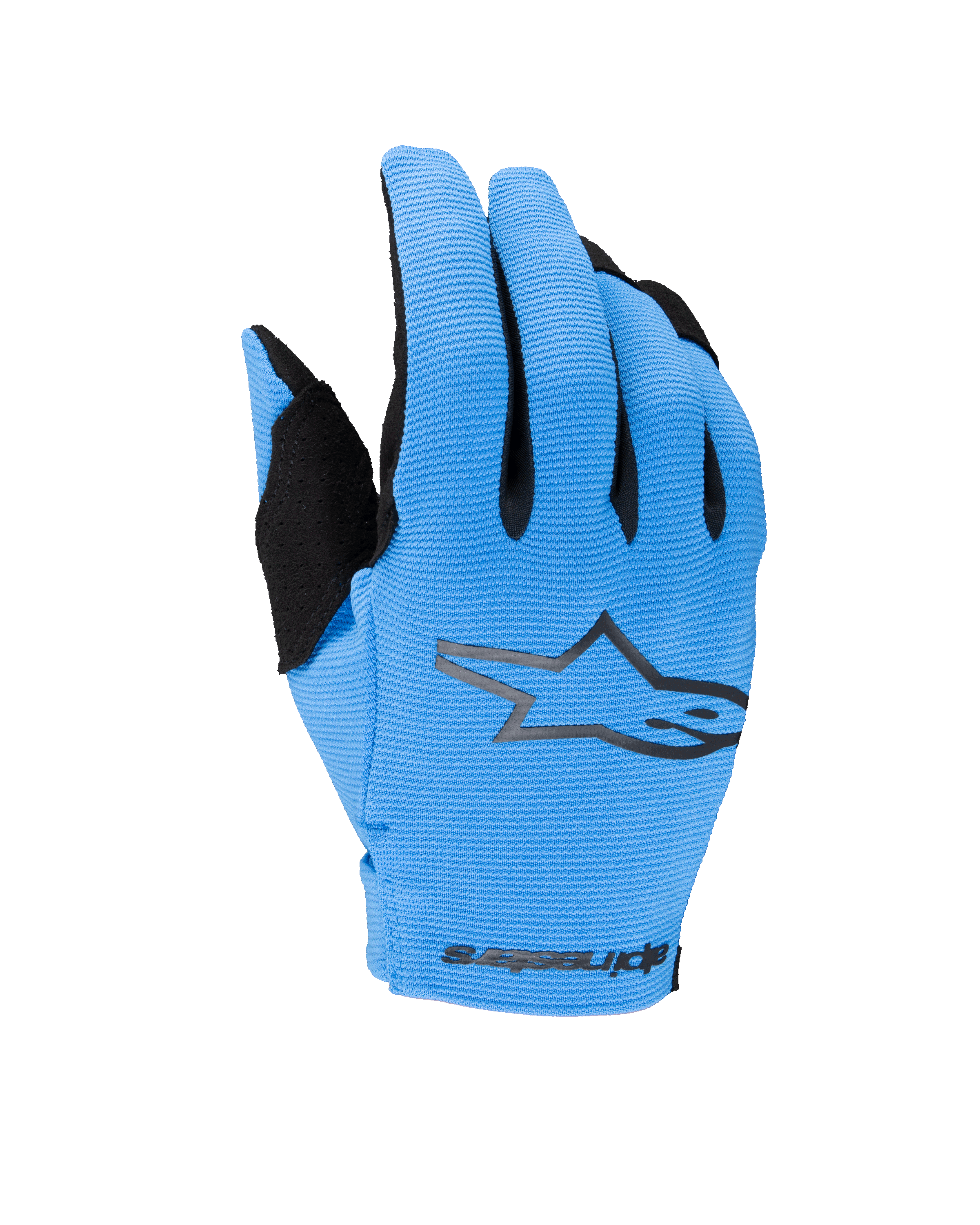 Alpinestars guanti Youth Radar 2025, guanti da motocross fuoristrada, blu e nero, con dorso azzurro testurizzato, logo a stella nero e marchio Alpinestars sul polso, guanti da moto per ragazzi