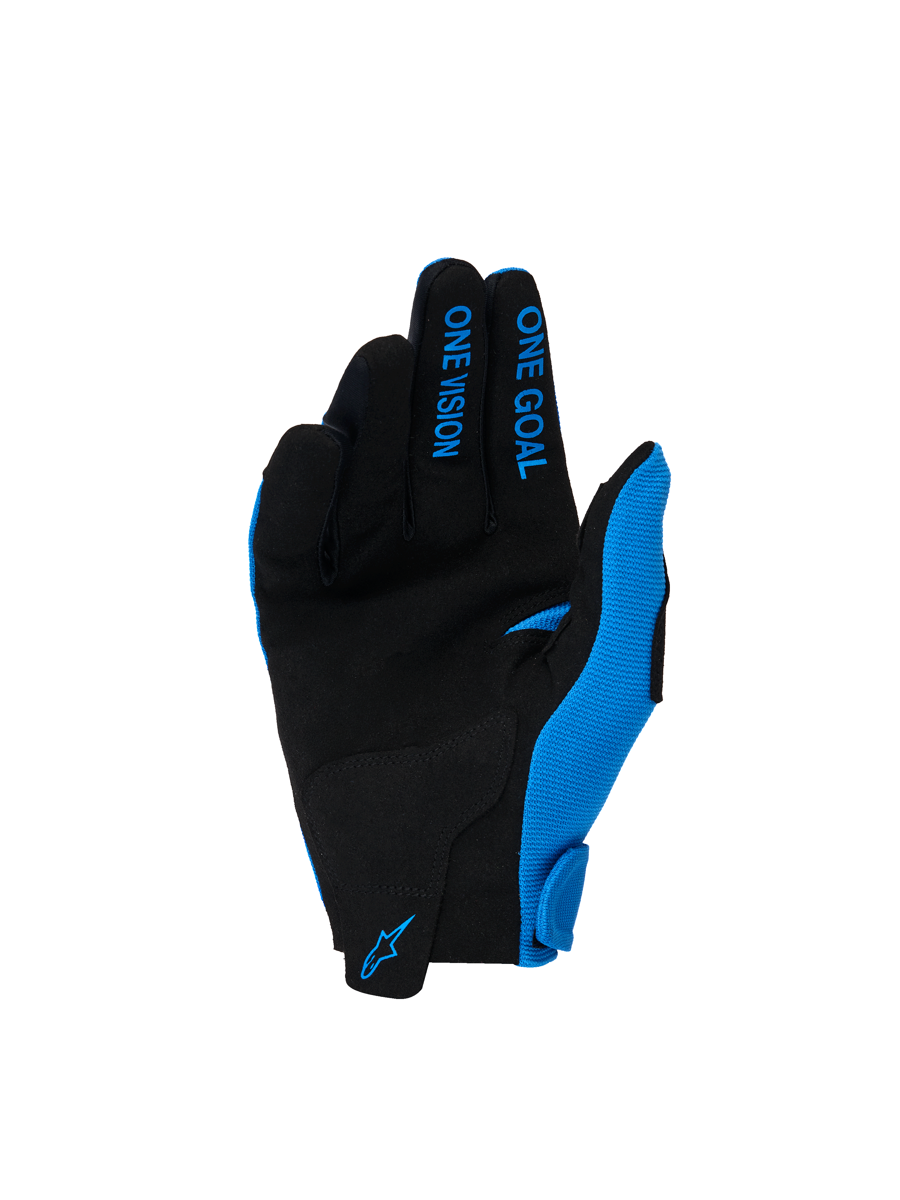 Alpinestars 2026 Youth Radar Gloves, guanti da motocross, blu UCLA e bianco, palmo in pelle scamosciata sintetica nera, scritte blu 'ONE GOAL' e 'ONE VISION' sulle dita, logo Alpinestars blu sul polso, progettati per prestazioni off-road