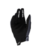 Alpinestars Guanti Radar Ragazzo 2025, guanti da motocross, grigio e nero, vista del palmo in pelle scamosciata sintetica, scritte bianche "ONE GOAL" e "ONE VISION" sulle dita, logo a stella bianco sulla linguetta del polso, specifici per il fuoristrada per ragazzi