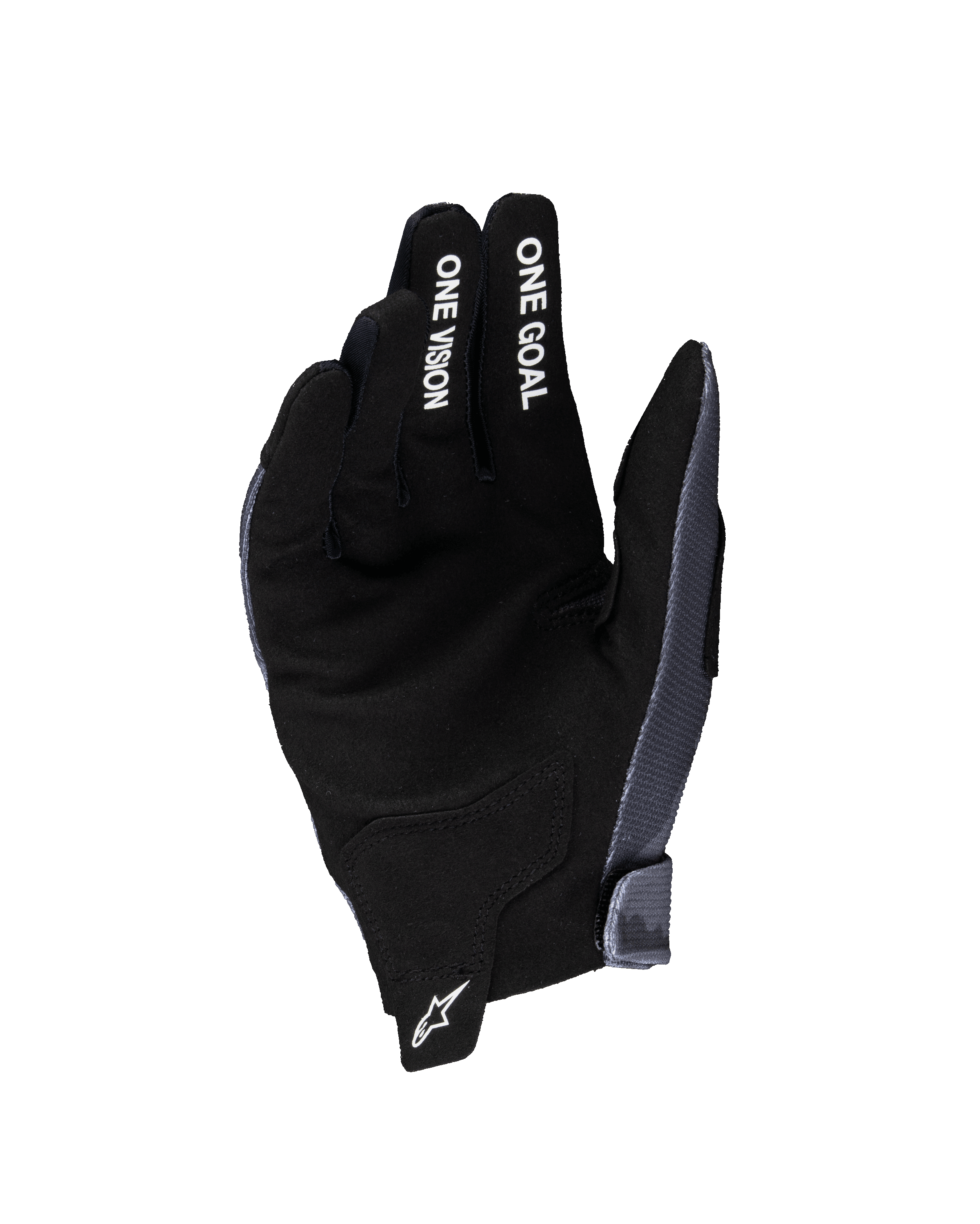 Alpinestars Guanti Radar Ragazzo 2025, guanti da motocross, grigio e nero, vista del palmo in pelle scamosciata sintetica, scritte bianche "ONE GOAL" e "ONE VISION" sulle dita, logo a stella bianco sulla linguetta del polso, specifici per il fuoristrada per ragazzi