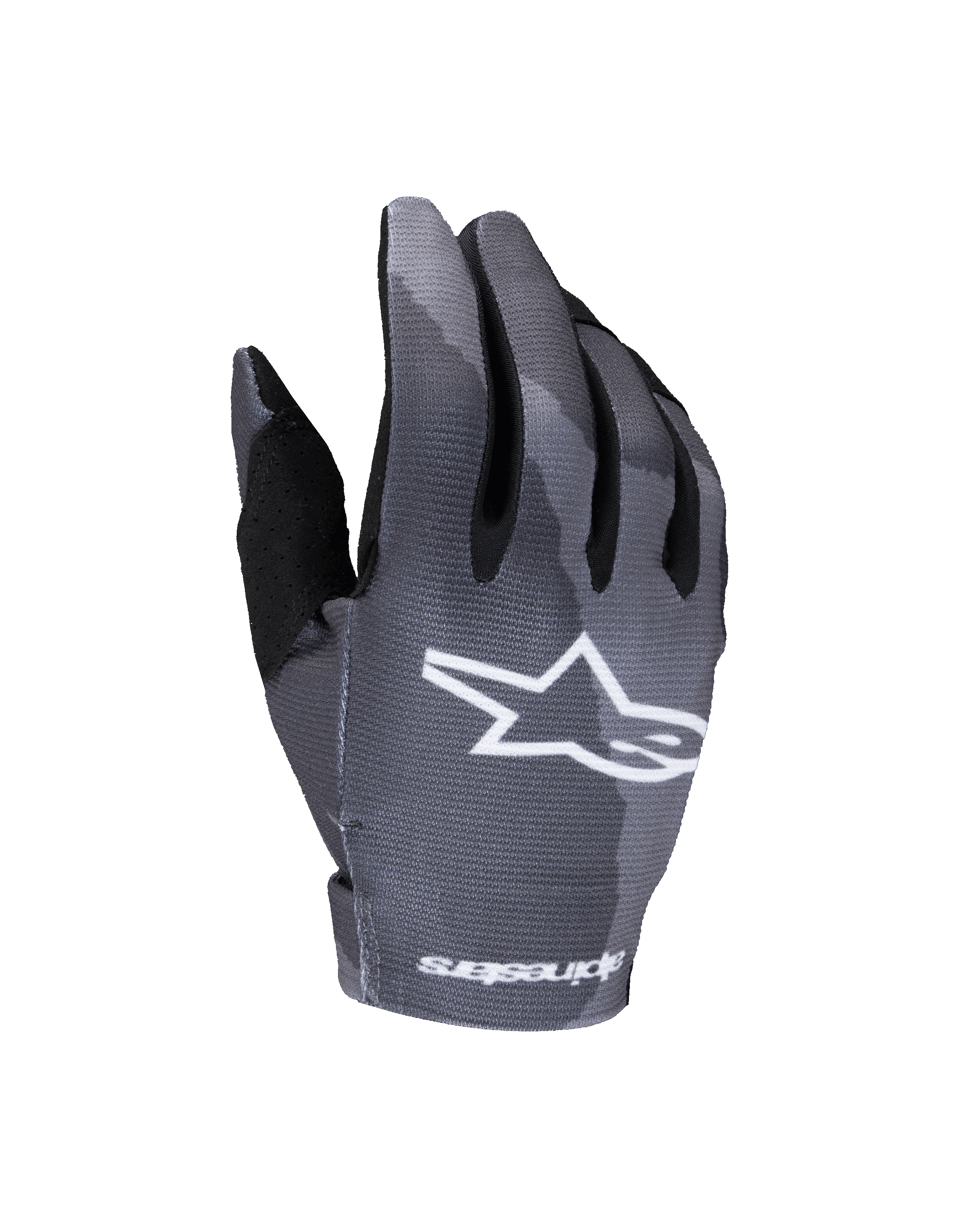 Alpinestars Guanti Youth Radar 2025, guanti da motocross, grigio Dark Camo, con logo a stella bianco sul dorso, motivo mimetico sublimato, rinforzo del pollice nero e struttura leggera per giovani piloti off-road
