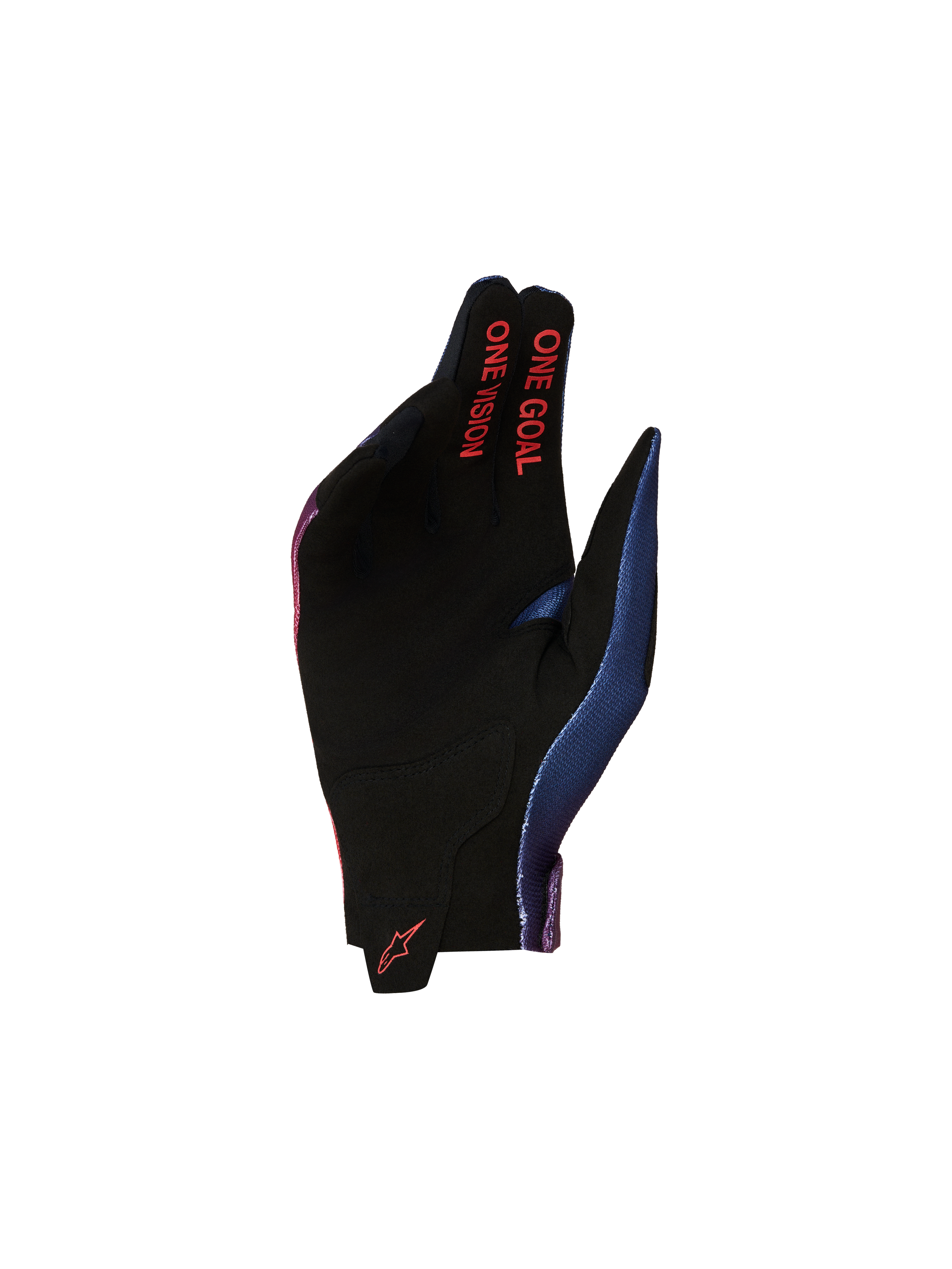 Alpinestars Guanti Radar Ragazzo, guanti da moto per motocross, nero, rosso e blu, palmo in pelle scamosciata sintetica con scritta One Goal One Vision, ideale per giovani piloti off-road.