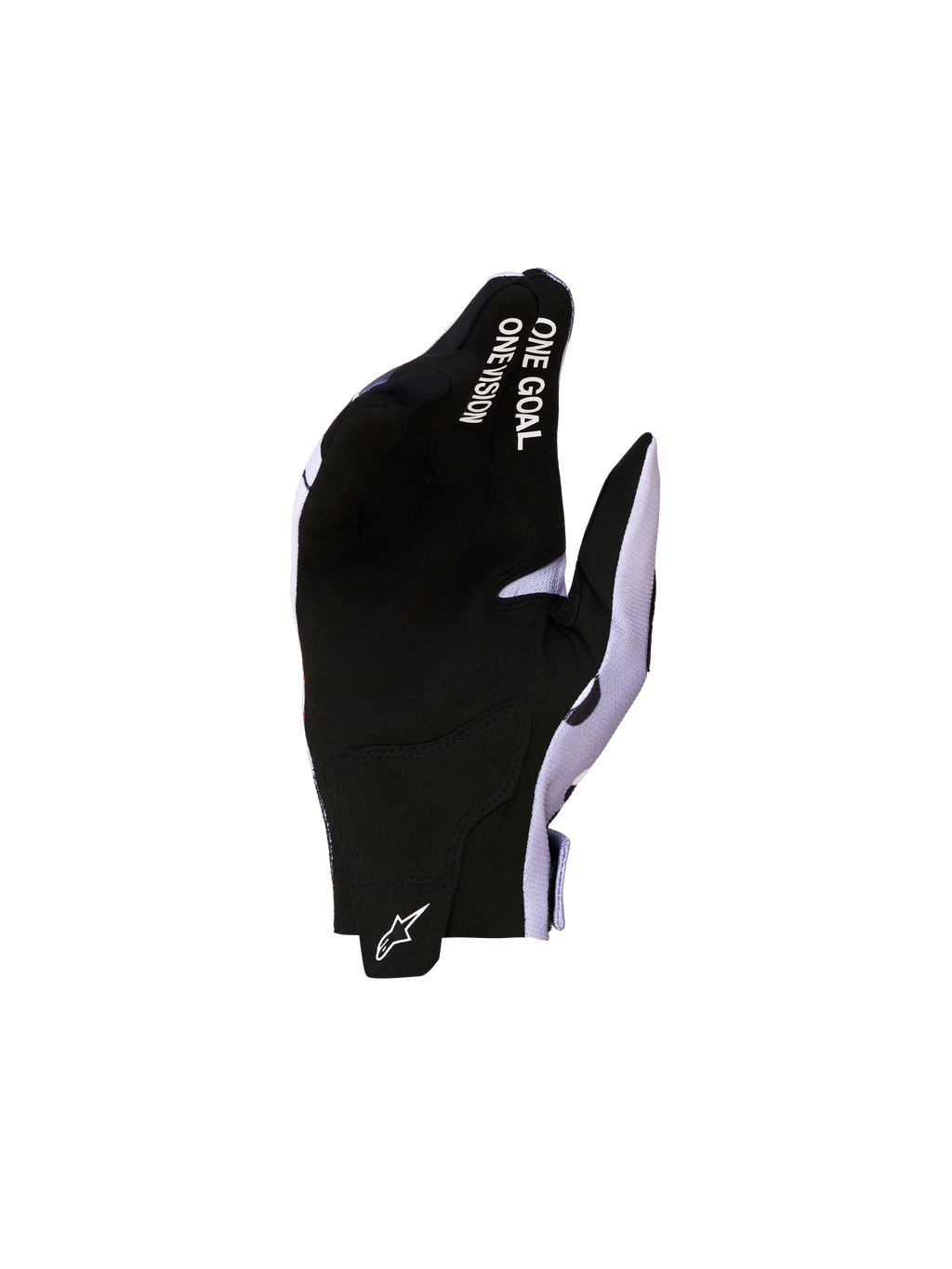 Alpinestars Guanti Radar Ragazzo, guanti da motocross, nero e grigio cenere, palmo in pelle scamosciata sintetica con scritta One Goal One Vision sulle dita.