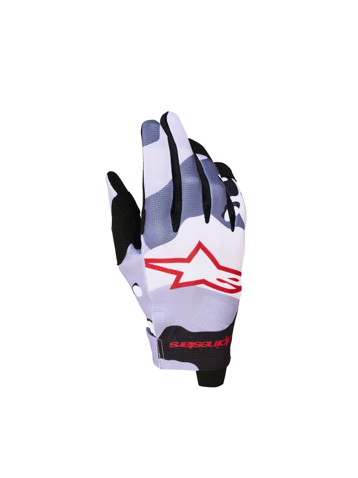 Alpinestars Guanti Radar Ragazzo 2027, guanti da motocross mimetici grigi e rossi con dorso elasticizzato e logo a stella.