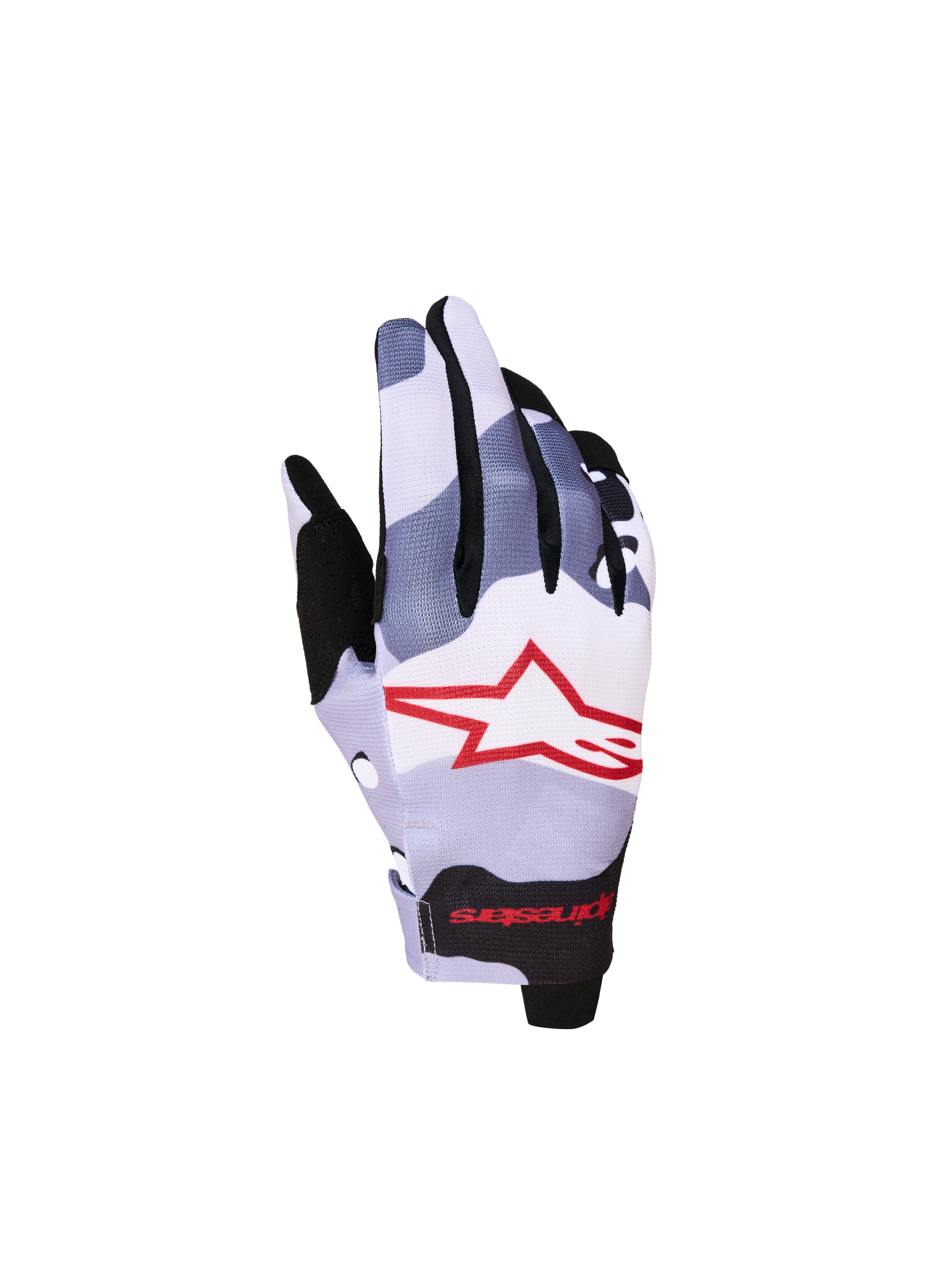Alpinestars Guanti Radar Ragazzo 2027, guanti da motocross mimetici grigi e rossi con dorso elasticizzato e logo a stella.
