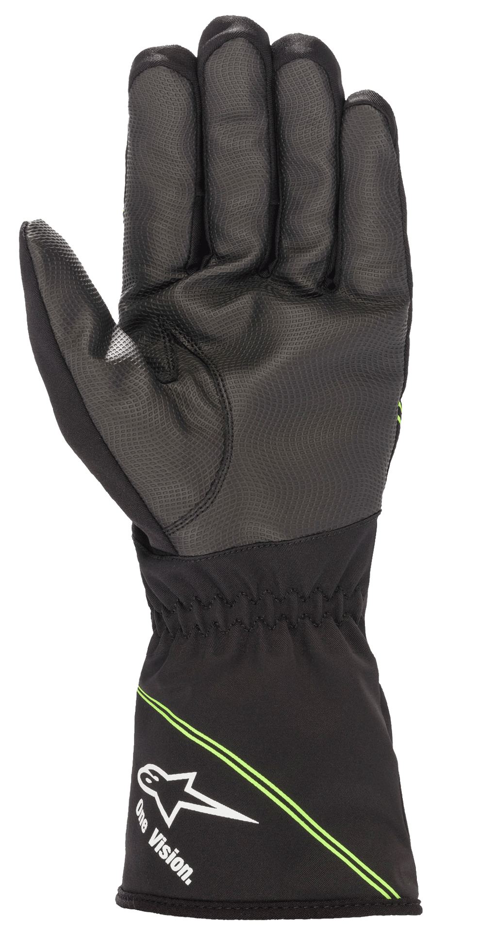 Alpinestars Youth Tempest V2 Waterproof Gloves, guanti da kart, nero con accenti verde fluo, vista del palmo che mostra la gomma composita testurizzata per un grip superiore, polsino a manicotto con logo Alpinestars bianco e scritta 'One Vision.', strisce verdi diagonali, progettati per gare in condizioni di pioggia