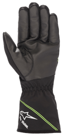 Alpinestars Youth Tempest V2 Waterproof Gloves, guanti da kart, nero con accenti verde fluo, vista del palmo che mostra la gomma composita testurizzata per un grip superiore, polsino a manicotto con logo Alpinestars bianco e scritta 'One Vision.', strisce verdi diagonali, progettati per gare in condizioni di pioggia