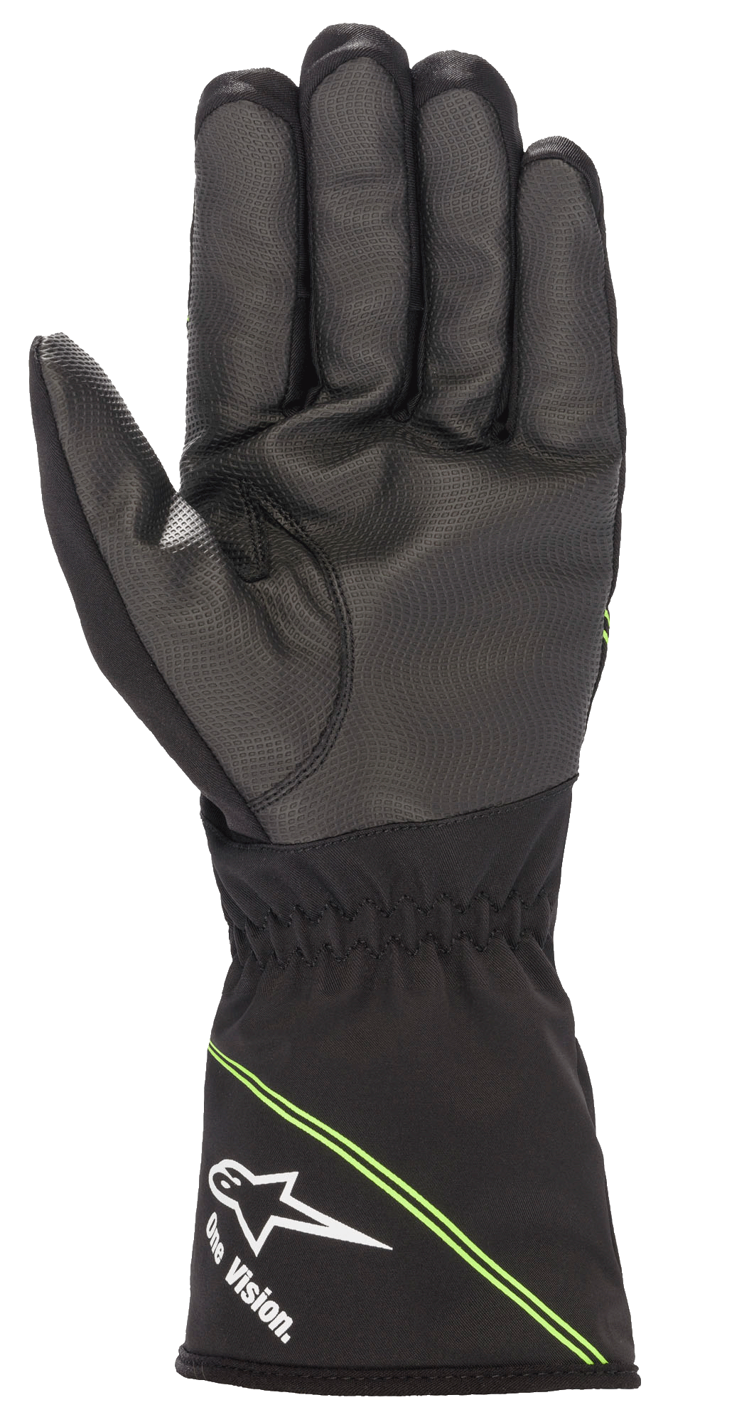Alpinestars Youth Tempest V2 Waterproof Gloves, guanti da kart, nero con accenti verde fluo, vista del palmo che mostra la gomma composita testurizzata per un grip superiore, polsino a manicotto con logo Alpinestars bianco e scritta 'One Vision.', strisce verdi diagonali, progettati per gare in condizioni di pioggia