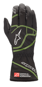 Guanti impermeabili Alpinestars Youth Tempest V2, neri con accenti verde fluorescente, dotati di polsino lungo con polso elasticizzato, loghi a stella bianchi sulle dita e sul dorso della mano, struttura in tessuto impermeabile per karting giovanile