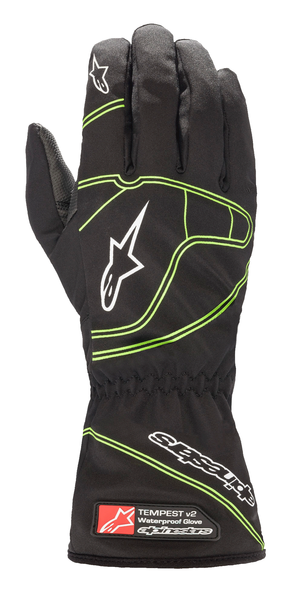 Guanti impermeabili Alpinestars Youth Tempest V2, neri con accenti verde fluorescente, dotati di polsino lungo con polso elasticizzato, loghi a stella bianchi sulle dita e sul dorso della mano, struttura in tessuto impermeabile per karting giovanile
