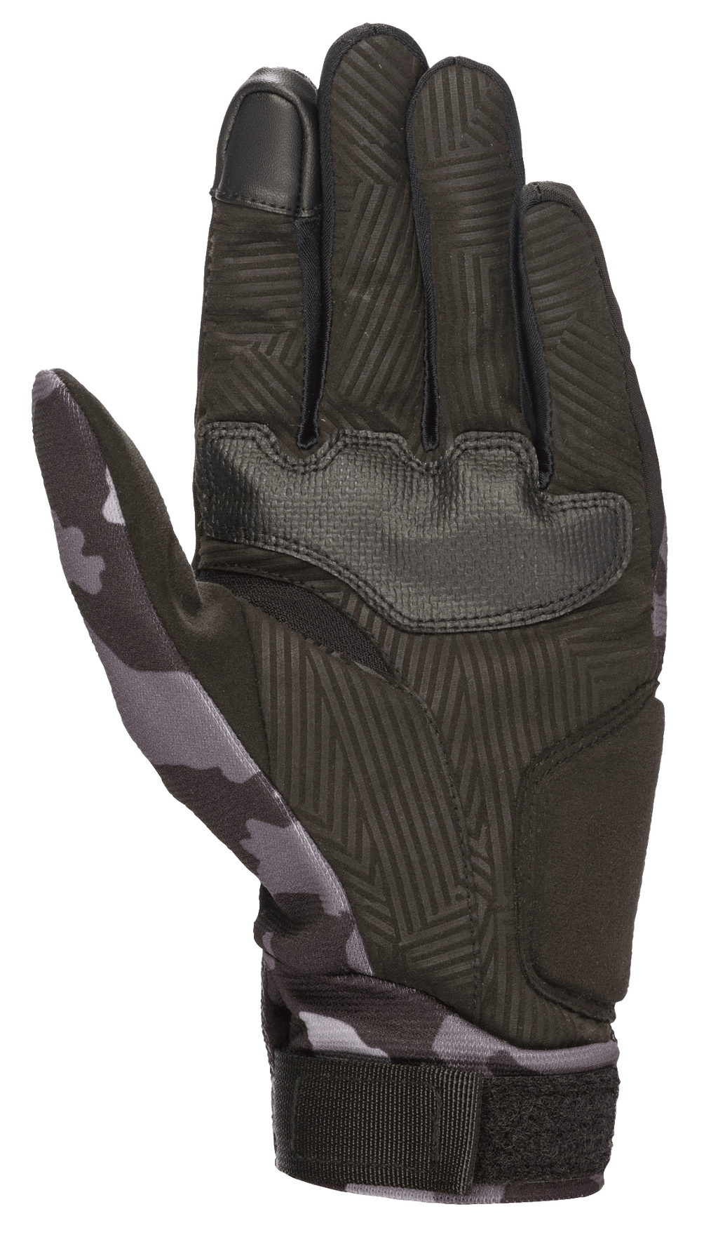 Guanti Alpinestars Youth Reef, Black Gray Camo, vista del palmo in camoscio sintetico con grip testurizzato, motivo mimetico su pollice e polso, indice compatibile con touchscreen, guanti da moto per guida urbana