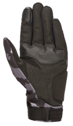Guanti Alpinestars Youth Reef, Black Gray Camo, vista del palmo in camoscio sintetico con grip testurizzato, motivo mimetico su pollice e polso, indice compatibile con touchscreen, guanti da moto per guida urbana