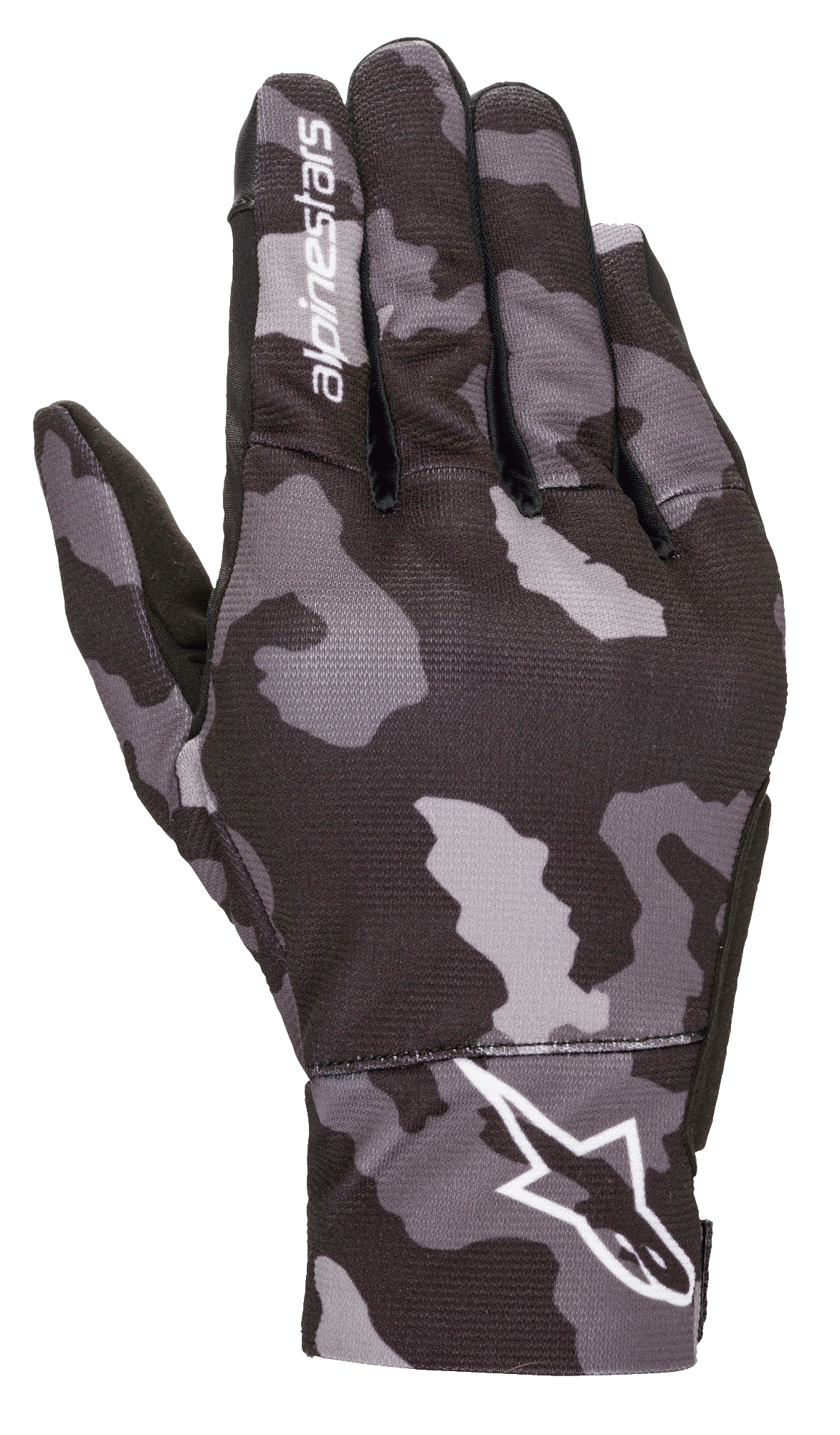 Alpinestars Youth Reef Gloves, guanti da moto urban, mimetico nero e grigio, vista del dorso con motivo mimetico grigio e logo Alpinestars bianco sul polso e sull'indice, struttura in tessuto elasticizzato leggero