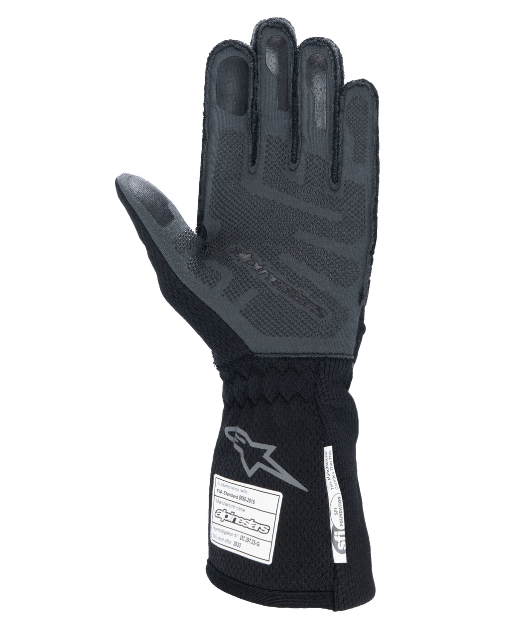 Guanti Alpinestars Tech-1 ZX V4, Nero Antracite, vista del palmo con grip in silicone 3D testurizzato, polsino lungo con etichette di certificazione FIA e SFI, guanti professionali da auto racing