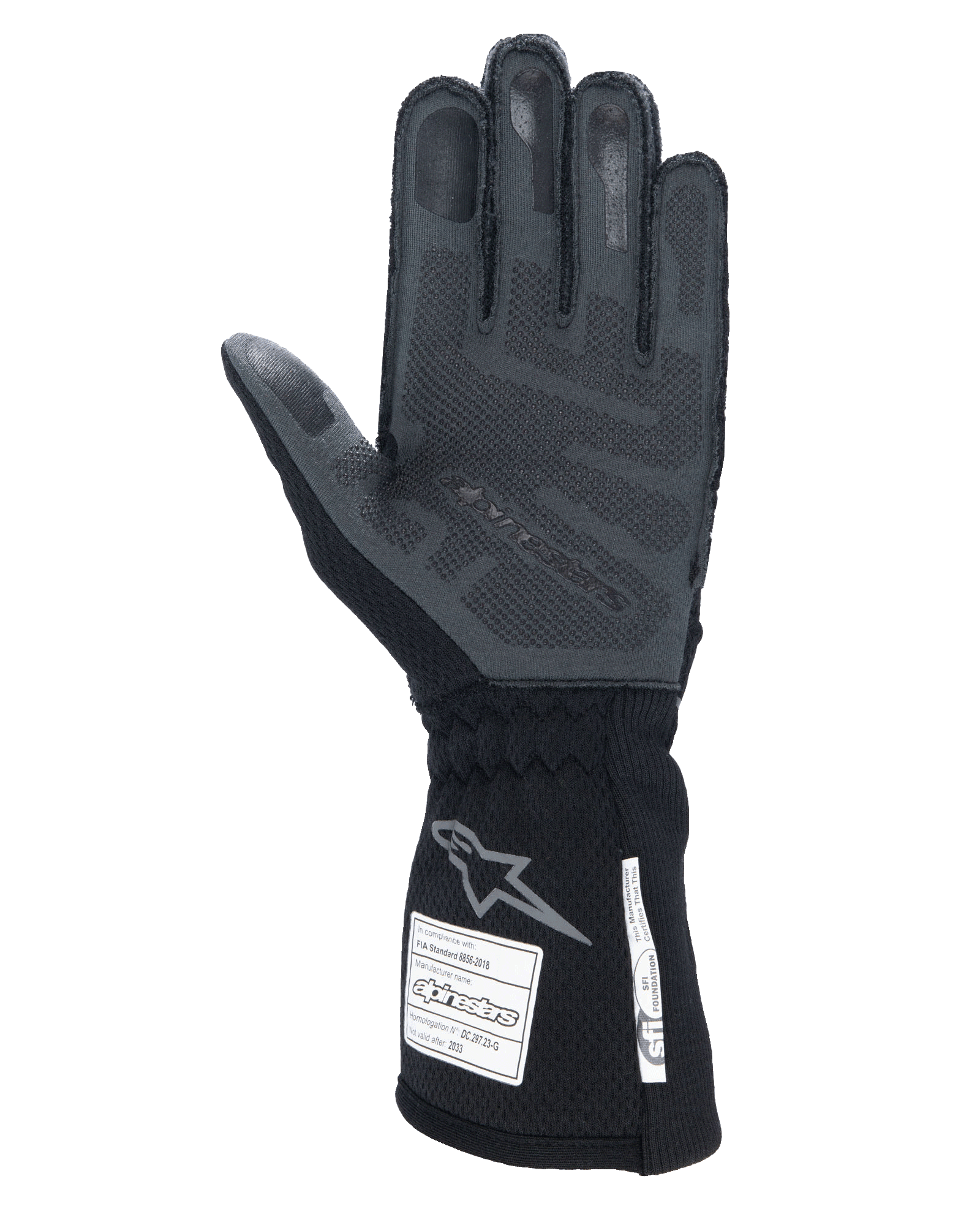 Guanti Alpinestars Tech-1 ZX V4, Nero Antracite, vista del palmo con grip in silicone 3D testurizzato, polsino lungo con etichette di certificazione FIA e SFI, guanti professionali da auto racing
