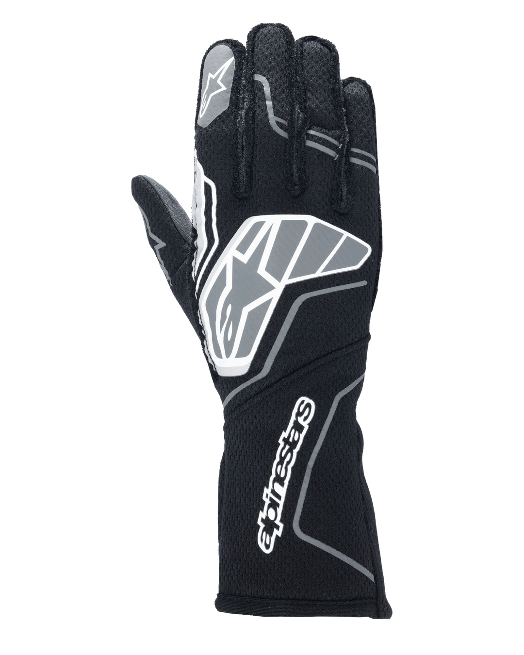 Guanti Alpinestars Tech-1 ZX V4, guanti da corsa auto, nero e grigio antracite, con un grande logo a stella sul dorso e la scritta Alpinestars sul polsino lungo, logo a stella sull'indice, struttura professionale resistente alla fiamma