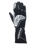 Guanti Alpinestars Tech-1 ZX V4, guanti da corsa auto, nero e grigio antracite, con un grande logo a stella sul dorso e la scritta Alpinestars sul polsino lungo, logo a stella sull'indice, struttura professionale resistente alla fiamma