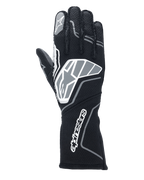Guanti Alpinestars Tech-1 ZX V4, guanti da corsa auto, nero e grigio antracite, con un grande logo a stella sul dorso e la scritta Alpinestars sul polsino lungo, logo a stella sull'indice, struttura professionale resistente alla fiamma