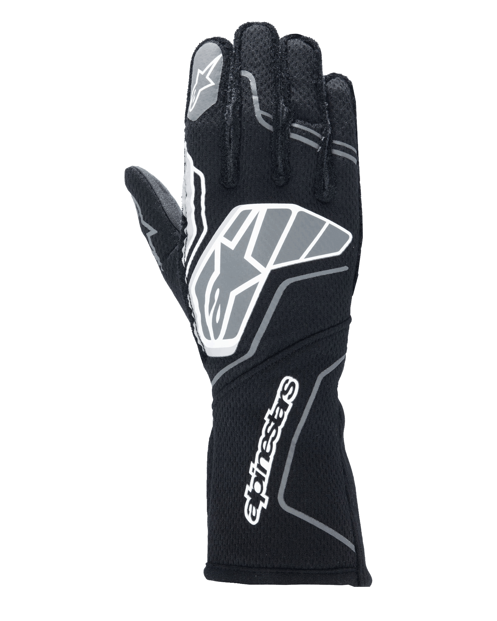 Guanti Alpinestars Tech-1 ZX V4, guanti da corsa auto, nero e grigio antracite, con un grande logo a stella sul dorso e la scritta Alpinestars sul polsino lungo, logo a stella sull'indice, struttura professionale resistente alla fiamma