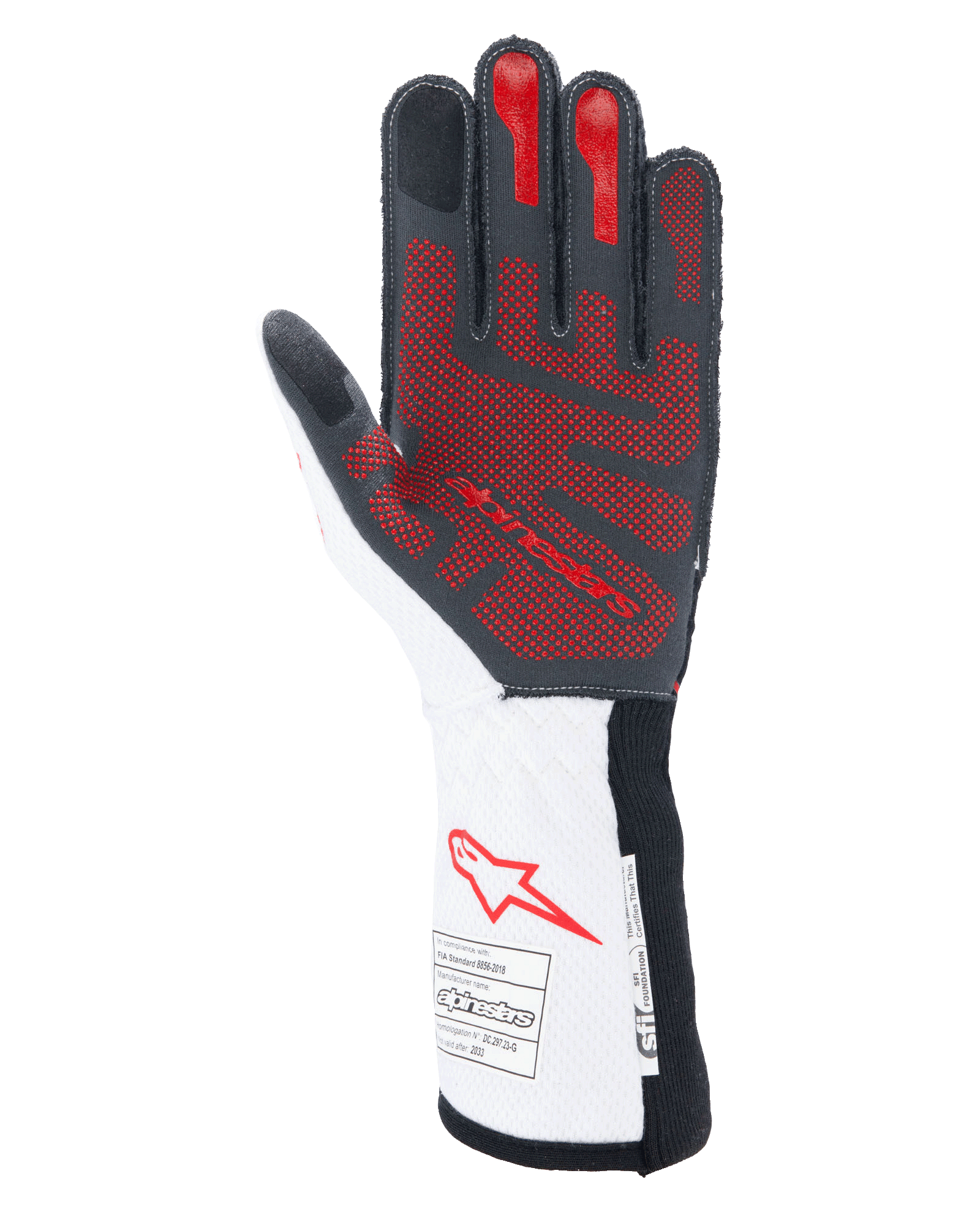 Guanti Alpinestars Tech-1 ZX V4, guanti auto, nero, bianco e rosso, vista del palmo con motivo grip in silicone 3D rosso, polsino bianco con logo Alpinestars rosso ed etichette di certificazione FIA e SFI