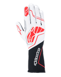 Guanti Alpinestars Tech-1 ZX V4, guanti per auto da corsa, bianco e nero con accenti rossi, tessuto tecnico a nido d'ape con cuciture esterne, grande logo rosso sul dorso, polso lungo nero con scritta Alpinestars bianca