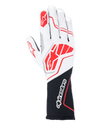 Guanti Alpinestars Tech-1 ZX V4, guanti per auto da corsa, bianco e nero con accenti rossi, tessuto tecnico a nido d'ape con cuciture esterne, grande logo rosso sul dorso, polso lungo nero con scritta Alpinestars bianca