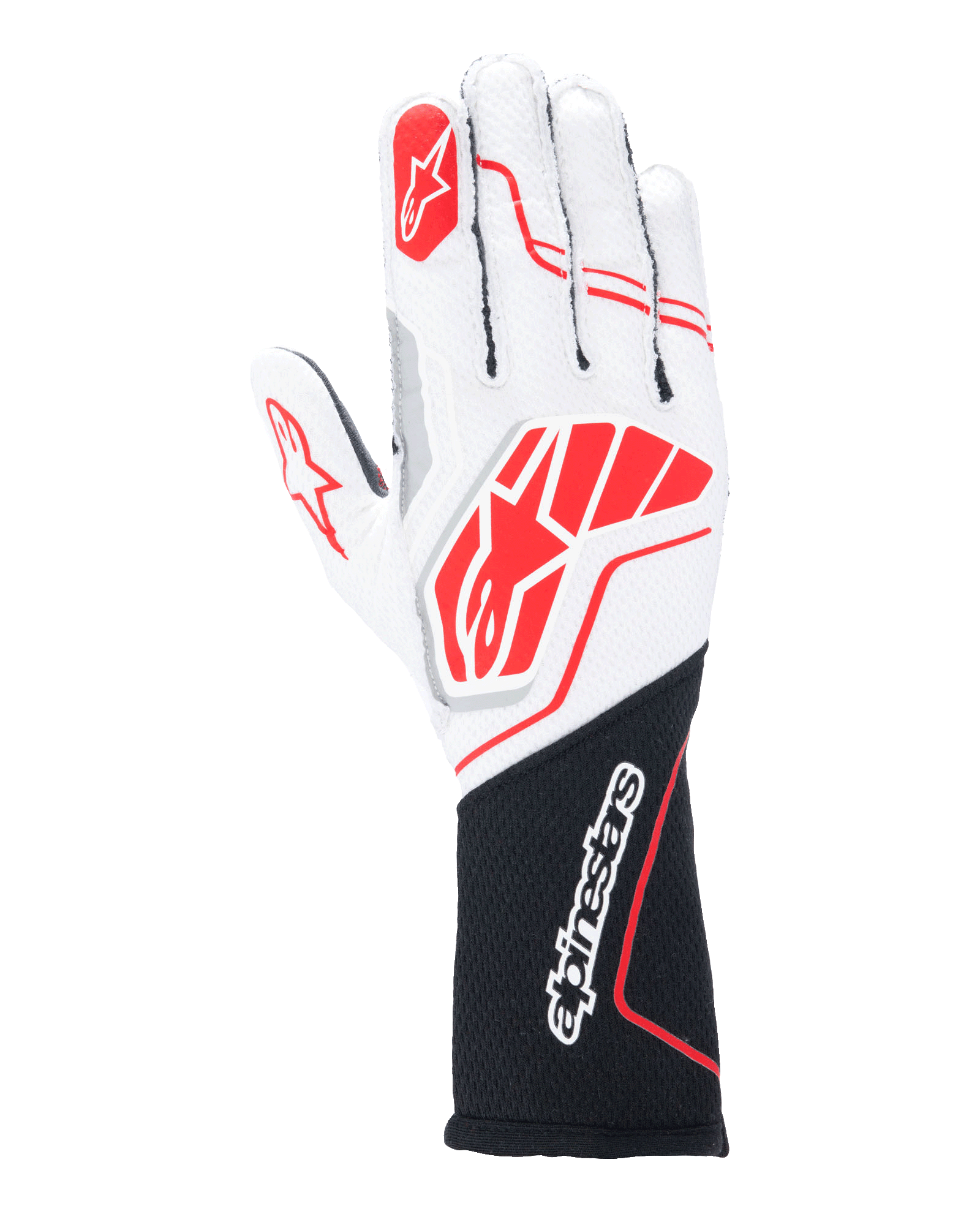 Guanti Alpinestars Tech-1 ZX V4, guanti per auto da corsa, bianco e nero con accenti rossi, tessuto tecnico a nido d'ape con cuciture esterne, grande logo rosso sul dorso, polso lungo nero con scritta Alpinestars bianca