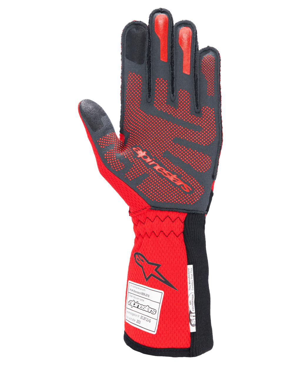 Guanti Alpinestars Tech-1 ZX V4, guanti per corse automobilistiche, nero e rosso, lato del palmo con motivo grip in silicone 3D rosso ed etichette di omologazione FIA/SFI sul polsino, progettati per il motorsport ad alte prestazioni