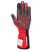 Guanti Alpinestars Tech-1 ZX V4, guanti per corse automobilistiche, nero e rosso, lato del palmo con motivo grip in silicone 3D rosso ed etichette di omologazione FIA/SFI sul polsino, progettati per il motorsport ad alte prestazioni