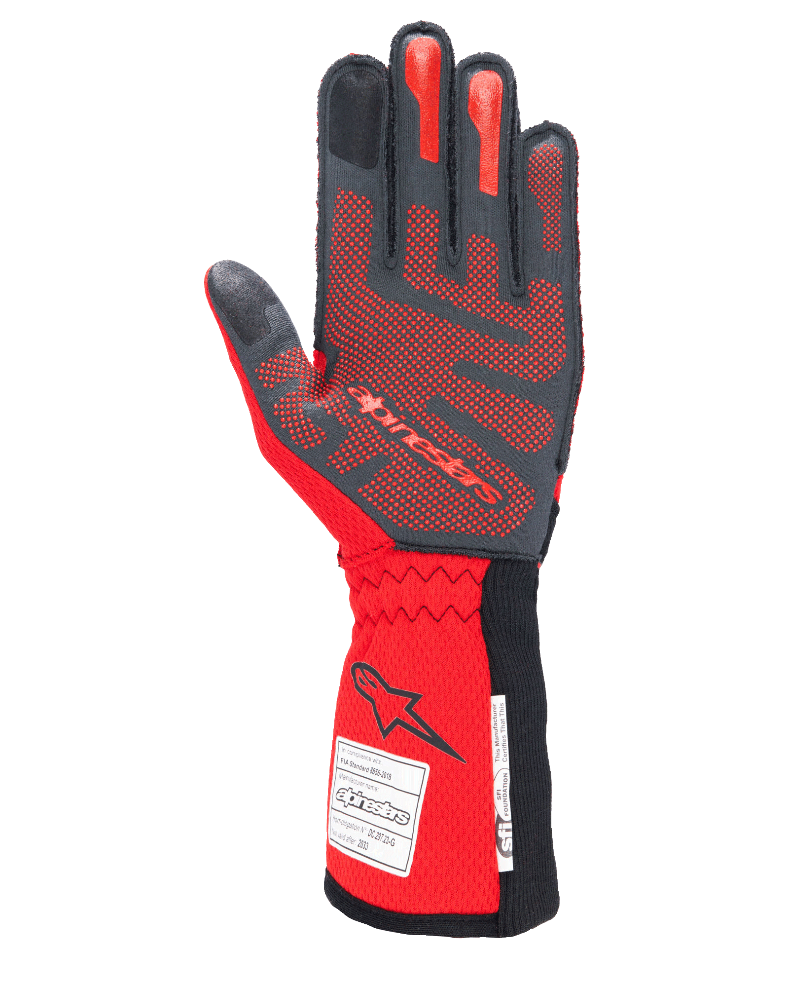 Guanti Alpinestars Tech-1 ZX V4, guanti per corse automobilistiche, nero e rosso, lato del palmo con motivo grip in silicone 3D rosso ed etichette di omologazione FIA/SFI sul polsino, progettati per il motorsport ad alte prestazioni
