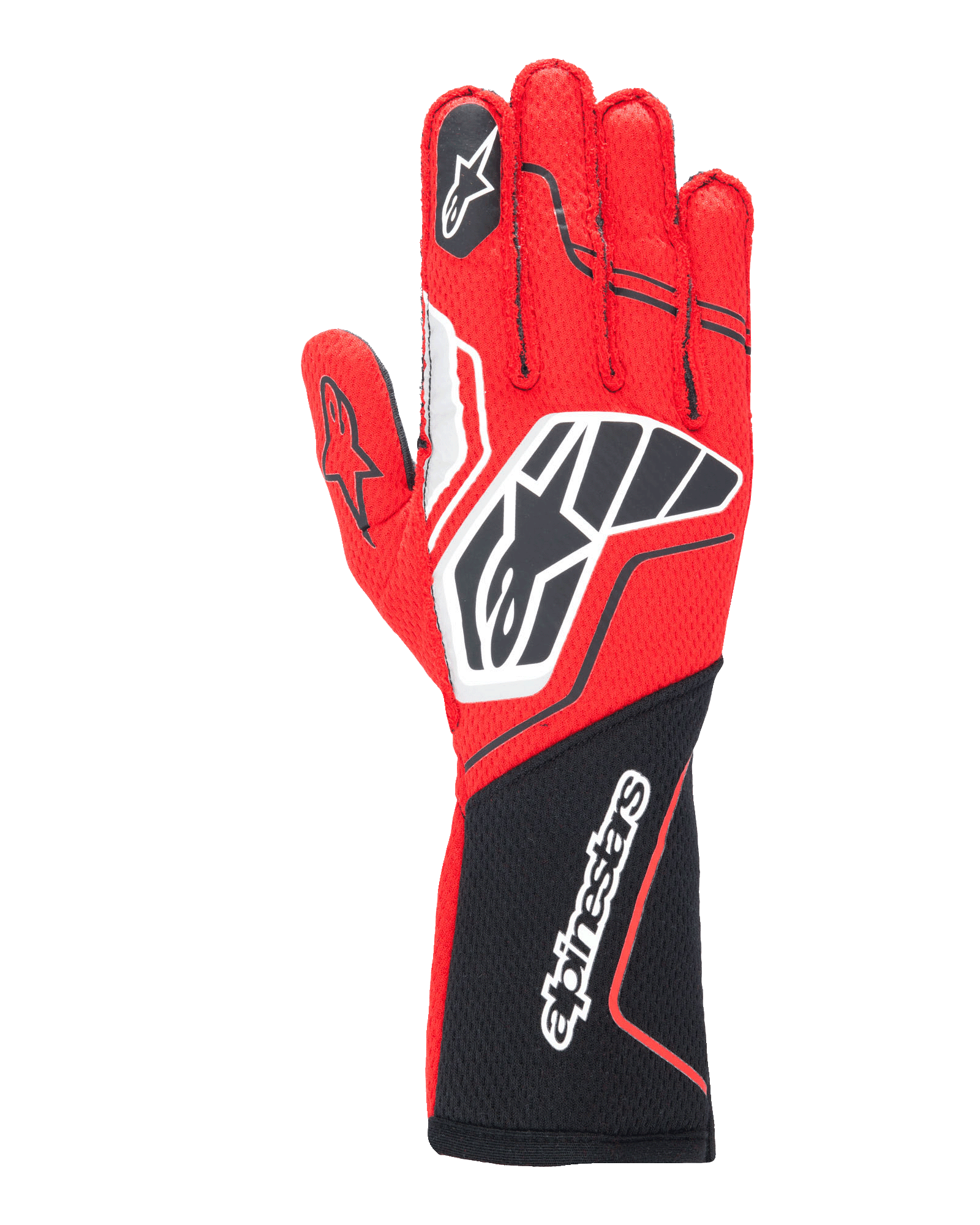 Guanti Alpinestars Tech-1 ZX V4, guanti professionali da auto racing, rosso e nero con dettagli bianchi, struttura in tessuto a nido d'ape, loghi evidenti, design ergonomico per prestazioni motorsport