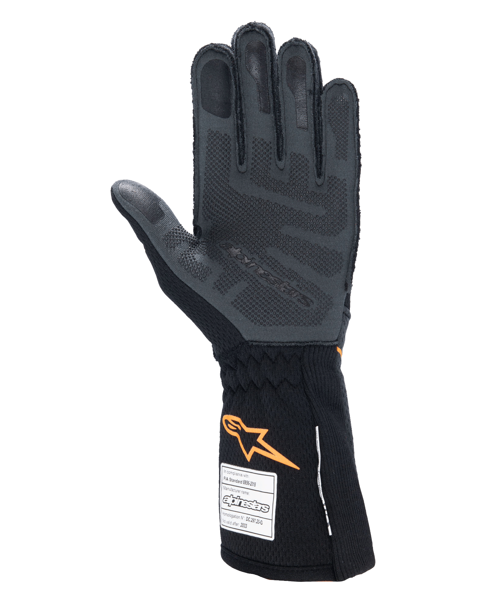 Guanti Alpinestars Tech-1 ZX V4, guanti per auto racing, nero e arancione fluo, vista del palmo che mostra il pattern di grip in silicone 3D e la trama a nido d'ape, etichette di omologazione FIA e SFI visibili sul polsino, attrezzatura professionale per motorsport
