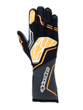 Guanti Alpinestars Tech-1 ZX V4, guanti da auto racing, nero con dettagli arancione fluo e bianchi, grande logo grafico sul dorso, tessuto con trama a nido d'ape sul polsino, design geometrico sportivo per competizioni professionistiche