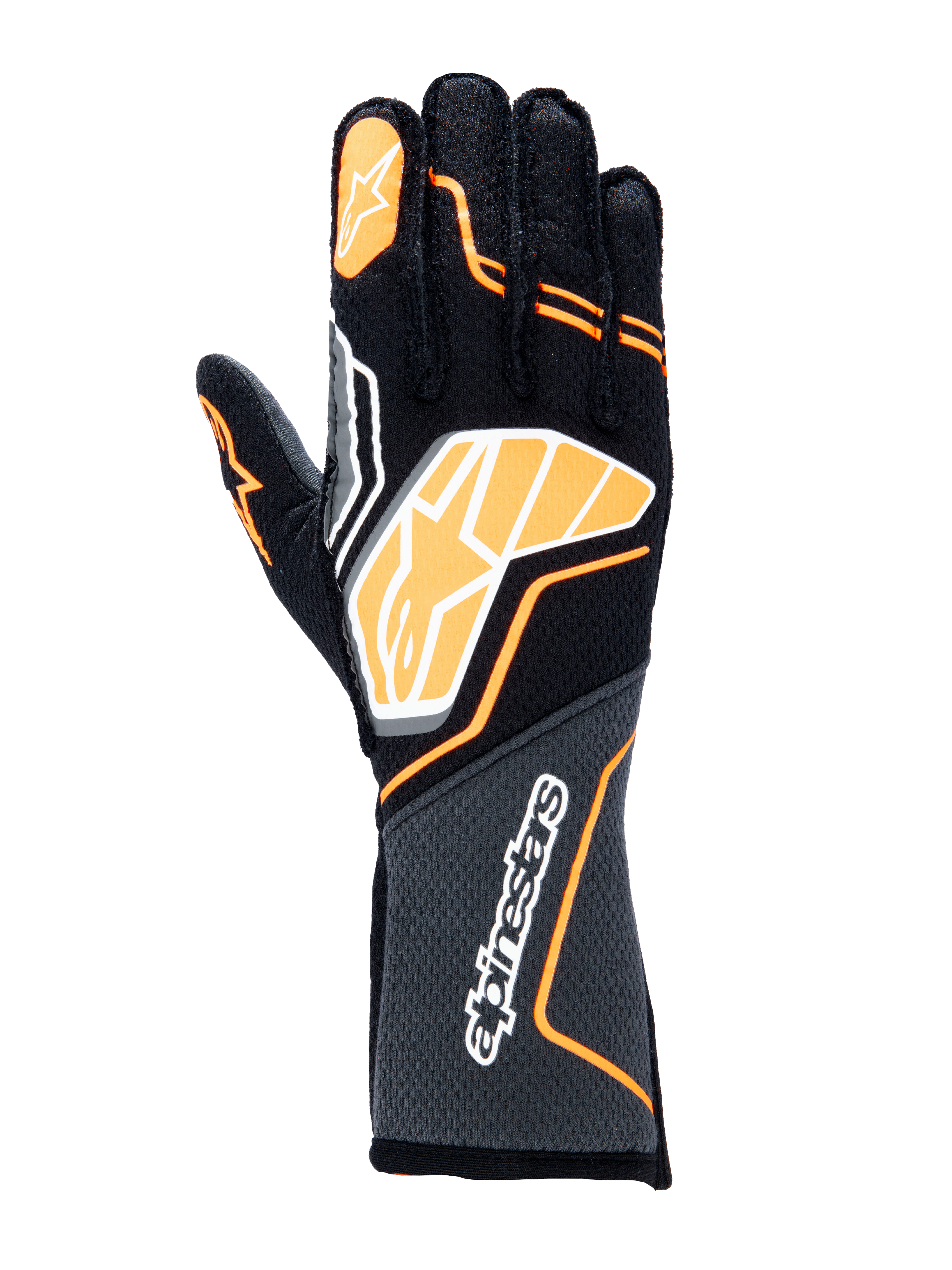 Guanti Alpinestars Tech-1 ZX V4, guanti da auto racing, nero con dettagli arancione fluo e bianchi, grande logo grafico sul dorso, tessuto con trama a nido d'ape sul polsino, design geometrico sportivo per competizioni professionistiche