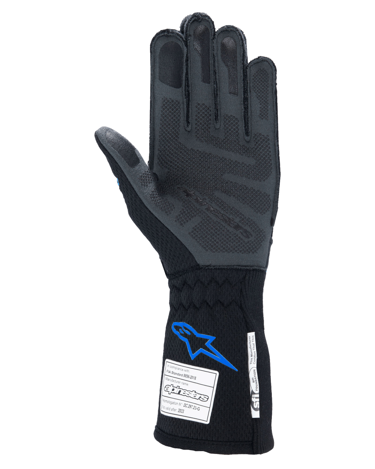 Guanti Alpinestars Tech-1 ZX V4, guanti da corsa per auto, nero e blu, vista del palmo con tecnologia di grip 3D in silicone grigio, etichette di certificazione FIA e SFI sul polsino, protezione professionale per motorsport