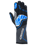 Guanti Alpinestars Tech-1 ZX V4, guanti da corsa automobilistica, nero con accenti blu e grigi, con logo a stella e scritta Alpinestars bianchi, struttura in tessuto a nido d'ape, equipaggiamento professionale per motorsport