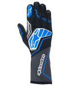 Guanti Alpinestars Tech-1 ZX V4, guanti da corsa automobilistica, nero con accenti blu e grigi, con logo a stella e scritta Alpinestars bianchi, struttura in tessuto a nido d'ape, equipaggiamento professionale per motorsport