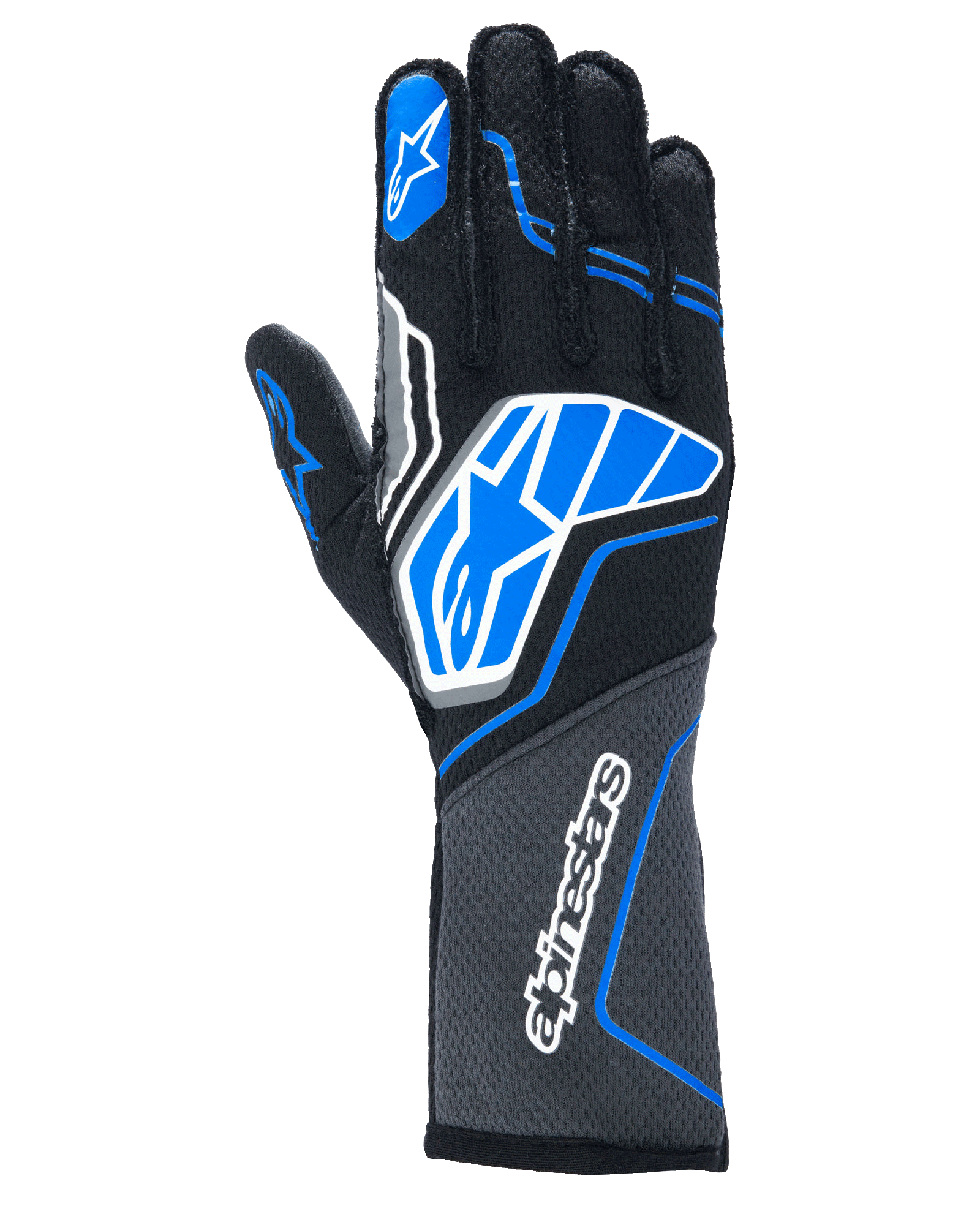 Guanti Alpinestars Tech-1 ZX V4, guanti da corsa automobilistica, nero con accenti blu e grigi, con logo a stella e scritta Alpinestars bianchi, struttura in tessuto a nido d'ape, equipaggiamento professionale per motorsport
