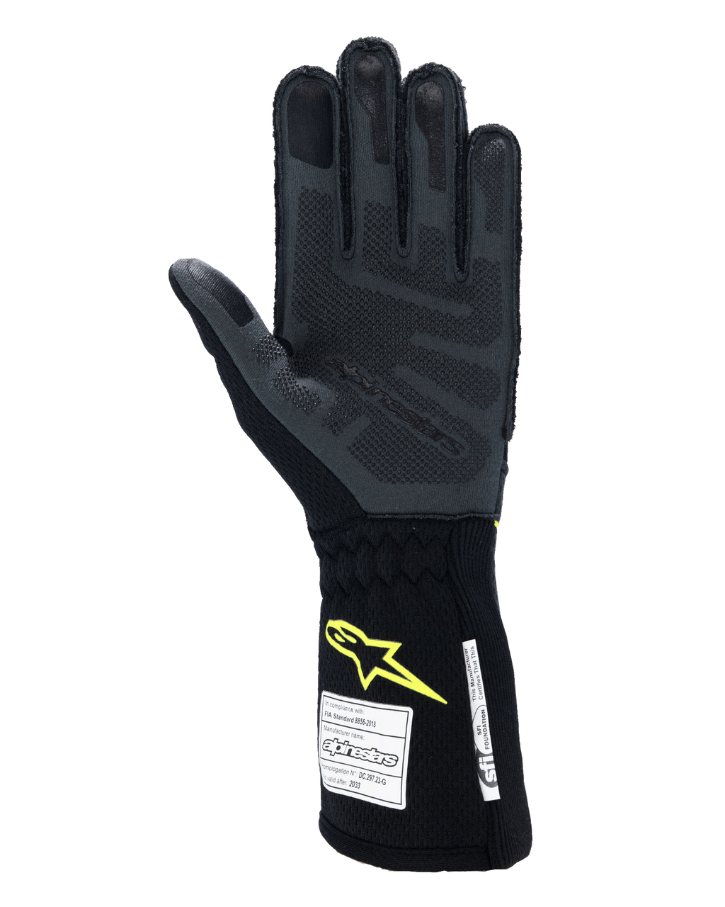 Guanti Alpinestars Tech-1 ZX V4, guanti da gara auto, Tar Gray e nero con logo giallo fluo, vista del palmo con grip in silicone 3D testurizzato e etichette di certificazione di sicurezza FIA/SFI, equipaggiamento professionale per motorsport